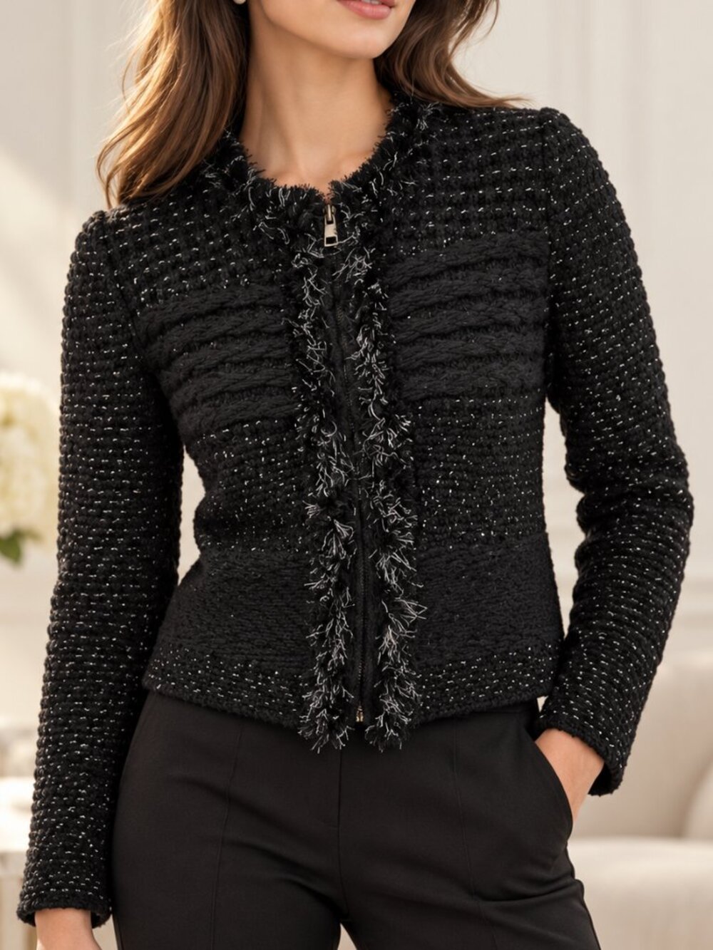 Ann Taylor M Black Metallic Silver Textured Zip Front Cardigan Sweater